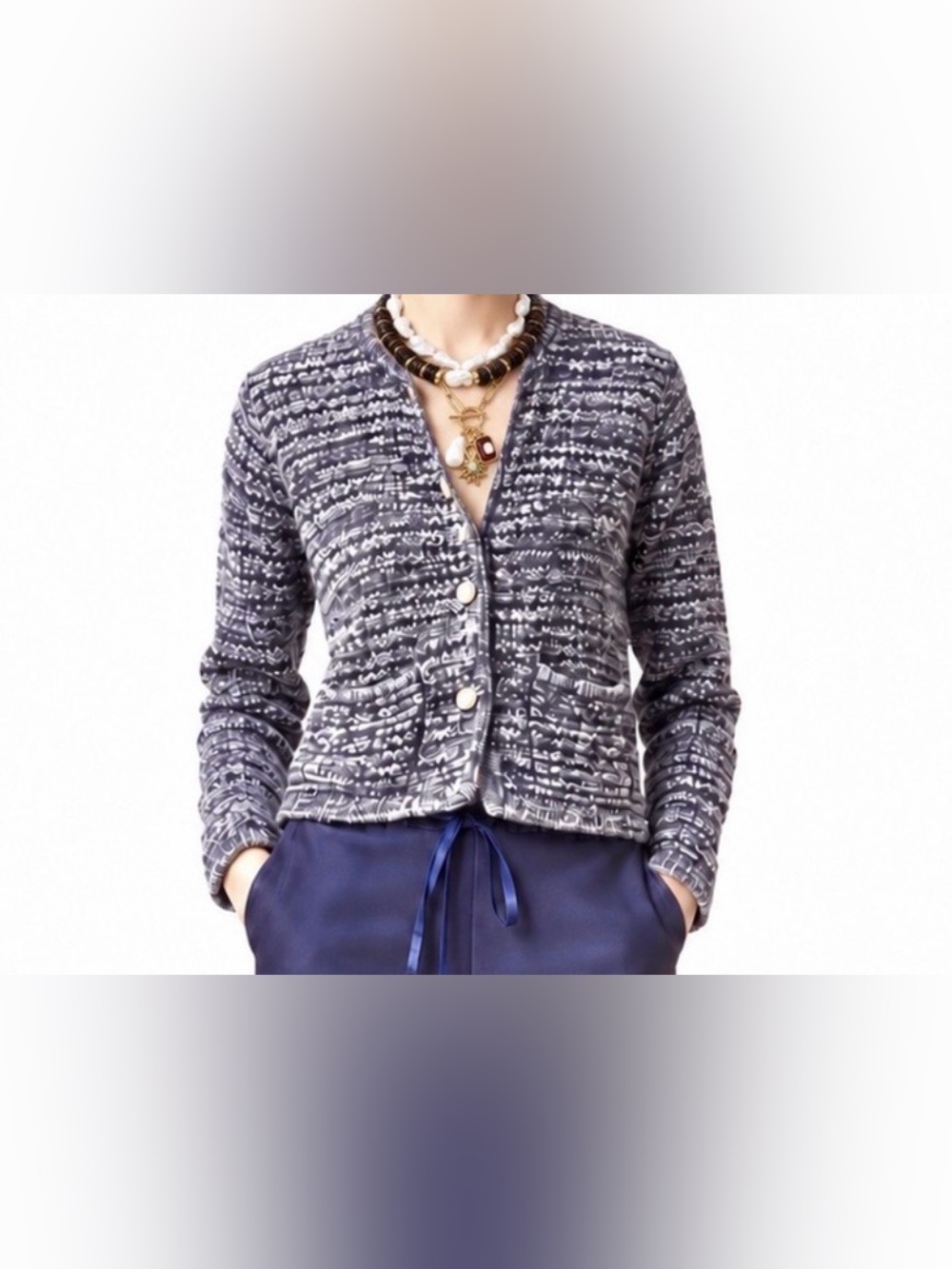 ba&sh Gaspard Navy and White Marled Knit Cardigan with Gold Buttons, size medium